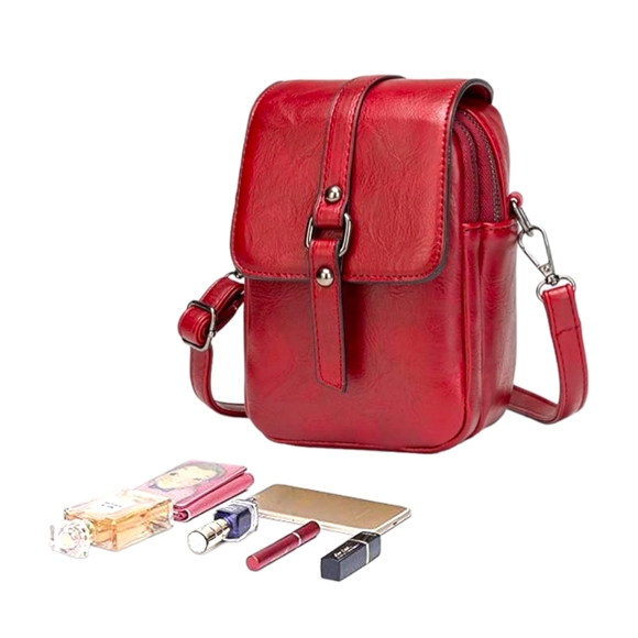 Women's Vintage Style Red Leather Crossbody Cell Phone Bag W/Tassel Decoration - Picture 5 of 7